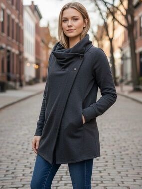 Phenix Dark Charcoal Asymmetrical Cowl Neck Sweater Coat